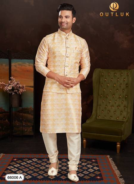 Light Yellow Colour New Function Wear Heavy Kurta Pajama With Jacket Mens Collection 66006 A